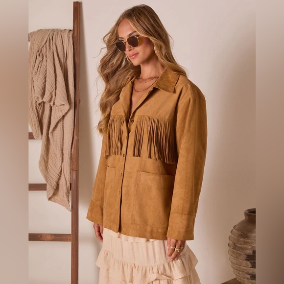 VICI Even Ember Suede Fringe Jacket in Camel, Size Small - Picture 1 of 12